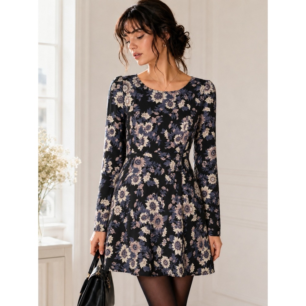 Free People‎ Floral Mini Dress Size 2 Black Long Sleeve Fit Flare Cottagecore